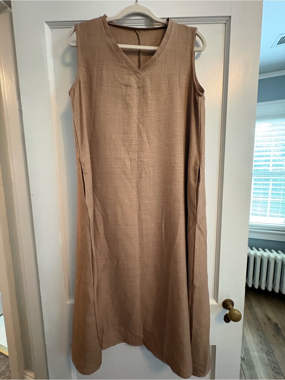 Brown Linen Blend A-Line Midi Dress with Pockets Size L